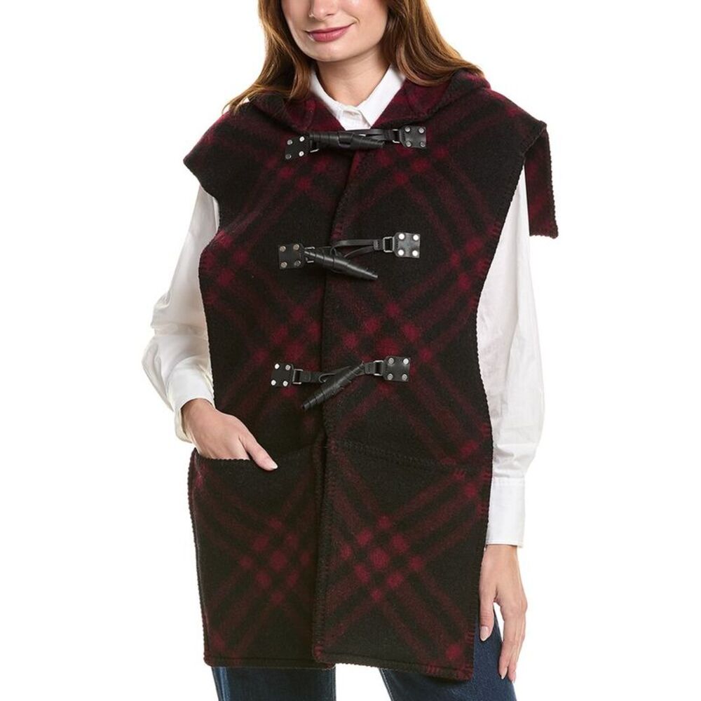 Burberry Check Wool & Leather Cape, Red